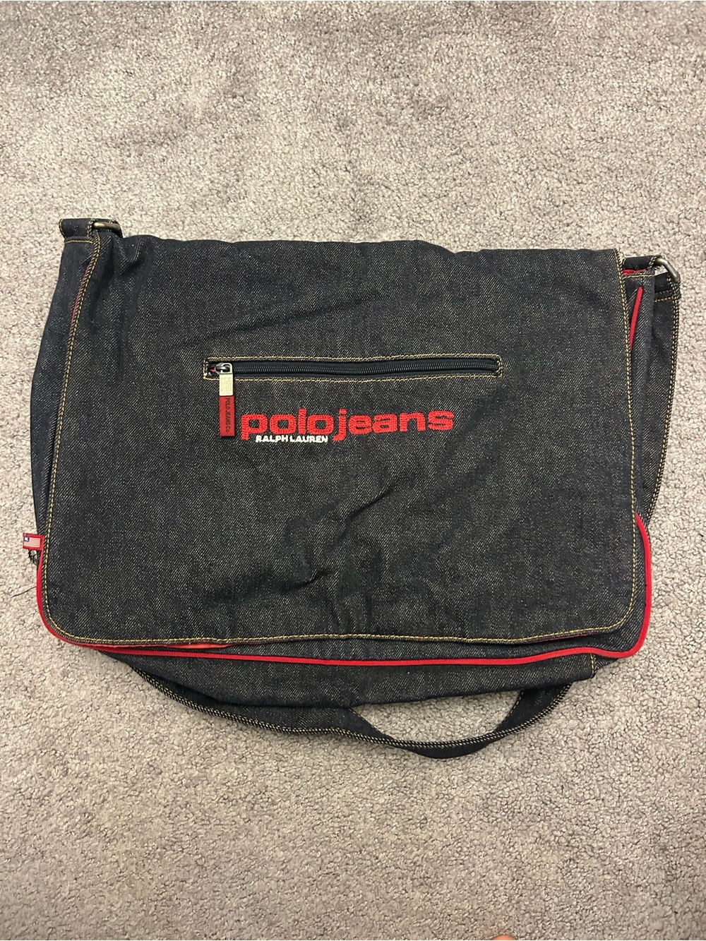 Ralph Lauren Polo Jeans Black Denim Messenger Bag with Red Trim